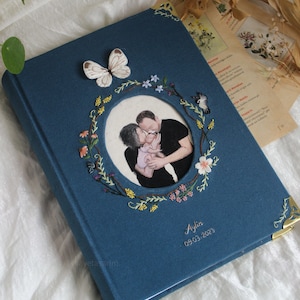 Personalized Family Photo Album, Hand Embroidered Album for 300 4x6&quot; Photos, Baby Journal Memory Book, Custom Family Photo Album Linen Cover
