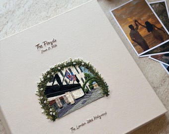 Hand Embroidered Wedding & Honeymoon Photo Album, Custom Hotel Venue, Linen Cover (34×34cm), Travel Memory Album