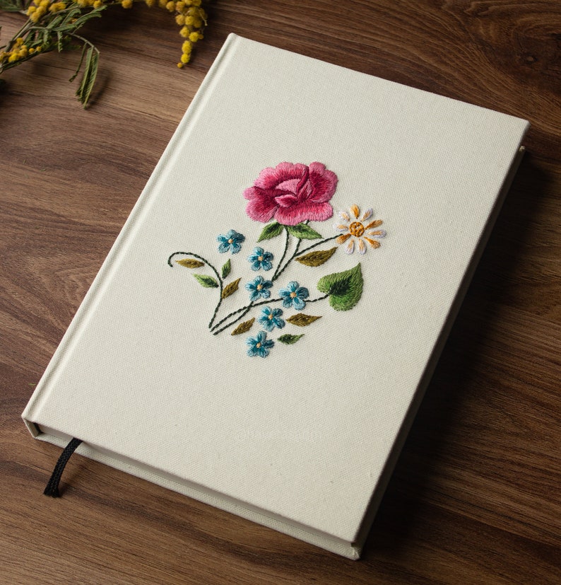 Embroidered Notebook Pink Rose and Flowers, Handmade Journal, Book, Linen, Personalized Gift image 1
