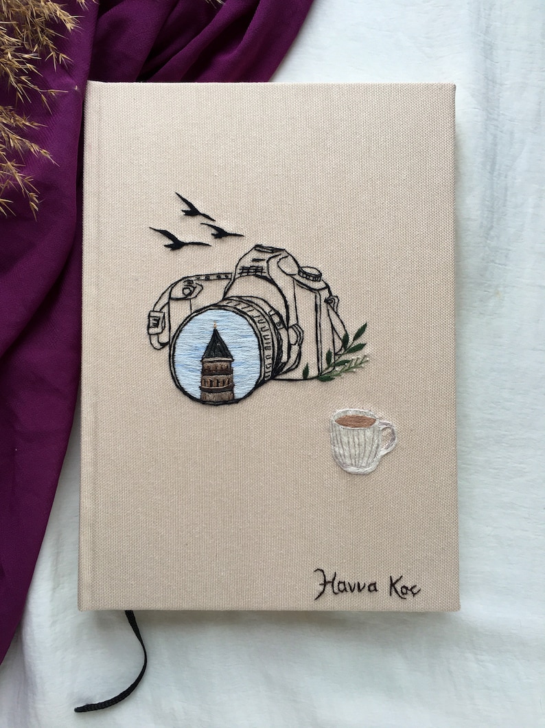 Personalized Embroidered Notebook with camera , Linen, Custom Made, Embroidered Journal image 1