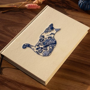 Embroidered Notebook with the blue cat, Book, Personalized Journal, Linen, Handmade Journal, For Cat Lovers image 1