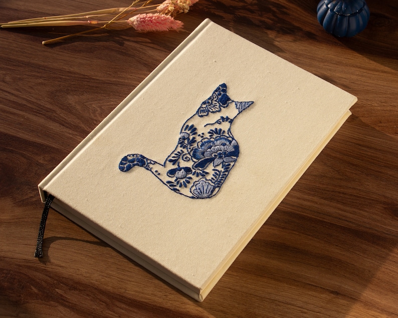 Embroidered Notebook with the blue cat, Book, Personalized Journal, Linen, Handmade Journal, For Cat Lovers image 1