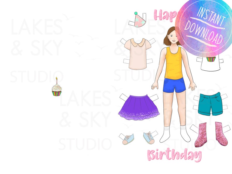 Paper Doll Printable Birthday Card With Outline Card for Colouring In
