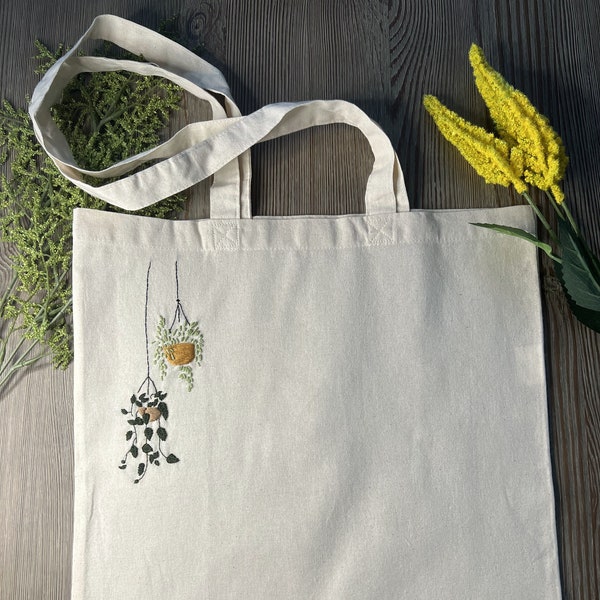 Hand embroidered tote bag house hanging plants bag for school and shopping and Birthday Christmas gift canvas carrying bag monstera leaves