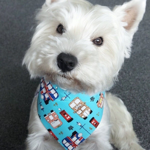 London print pet bandana on turquoise buses postbox handmade with love slips onto the dog collar lined cotton union jack UK RobbieGetsCrafty