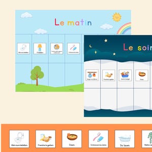 Peut inclure: Un tableau éducatif imprimable pour les enfants apprenant le français. Le tableau comporte deux sections, l'une pour la routine matinale et l'autre pour la routine du soir. Chaque section comporte 8 cases avec des illustrations d'activités comme se brosser les dents, s'habiller et dîner. Le texte "Le matin" et "Le soir" est en haut de chaque section.