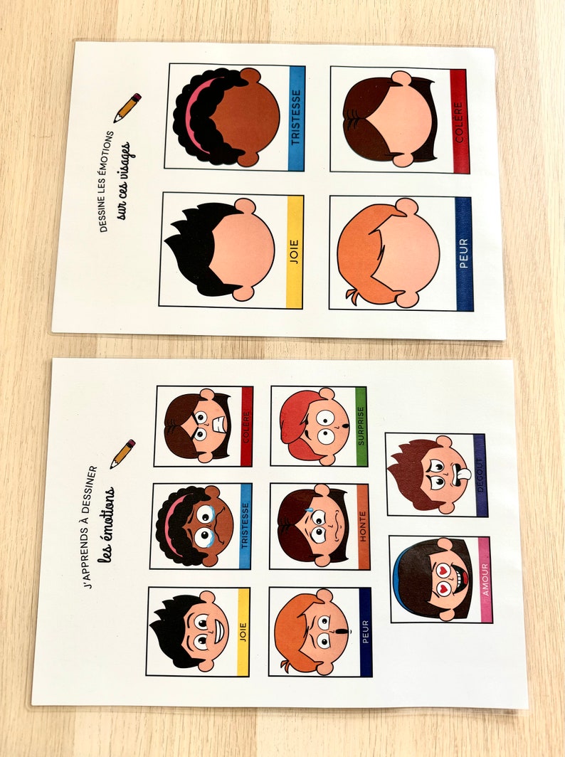 May include: Two printable worksheets for learning about emotions. The first worksheet has the words "Dessine les emotions sur ces visages" and shows six faces with different expressions. The second worksheet has the words "J'apprends &agrave; dessiner les &eacute;motions" and shows nine faces with different expressions.