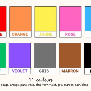 May include: A color chart featuring eleven colors: red, orange, yellow, pink, blue, green, purple, gray, brown, and black. Each color is displayed in a rectangular block with its name in French below. The text "11 couleurs" and a list of the colors in French are also present.