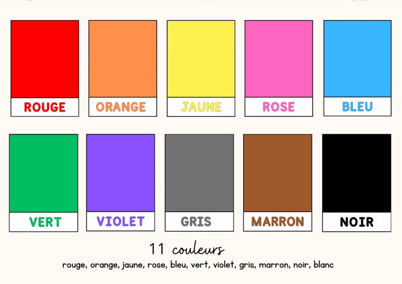 May include: A color chart featuring eleven colors: red, orange, yellow, pink, blue, green, purple, gray, brown, and black. Each color is displayed in a rectangular block with its name in French below. The text "11 couleurs" and a list of the colors in French are also present.