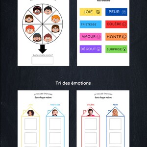 May include: A printable worksheet for learning and recognizing emotions. The worksheet features a wheel of emotions with different facial expressions, and a section for sorting emotions into houses with different colors.