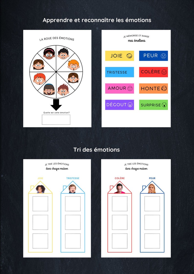 May include: A printable worksheet for learning and recognizing emotions. The worksheet features a wheel of emotions with different facial expressions, and a section for sorting emotions into houses with different colors.