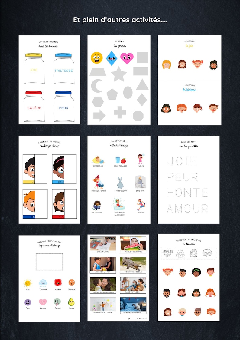 May include: A printable worksheet with activities for children to learn about emotions. The worksheet includes activities such as matching emotions to faces, sorting emotions into categories, and drawing pictures of emotions. The worksheet is designed to help children learn about their own emotions and the emotions of others.