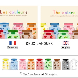 May include: A colourful educational chart with nine jars, each representing a different colour. The jars contain various objects, such as a heart, a butterfly, a flamingo, a pumpkin, a duck, a turtle, a pair of sunglasses, a teddy bear, a carrot, and a tomato. The chart is labelled "Les couleurs" in French and "The colors" in English. The text "DEUX LANGUES" is also included.