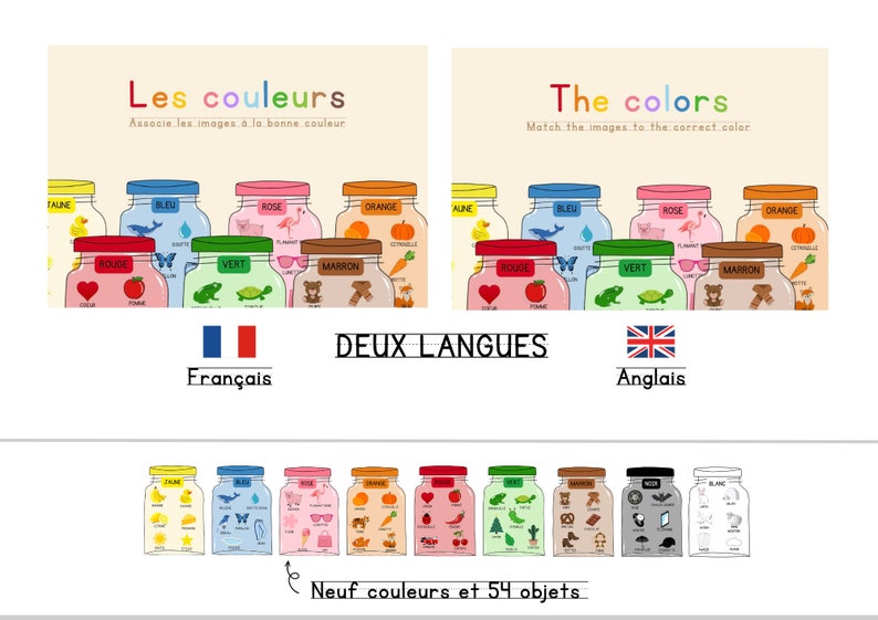 May include: A colourful educational chart with nine jars, each representing a different colour. The jars contain various objects, such as a heart, a butterfly, a flamingo, a pumpkin, a duck, a turtle, a pair of sunglasses, a teddy bear, a carrot, and a tomato. The chart is labelled "Les couleurs" in French and "The colors" in English. The text "DEUX LANGUES" is also included.