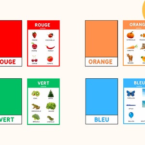 May include: Educational posters displaying color names in French with corresponding images. The colors are red, orange, green, and blue. Each color has a block of color and a list of associated objects.