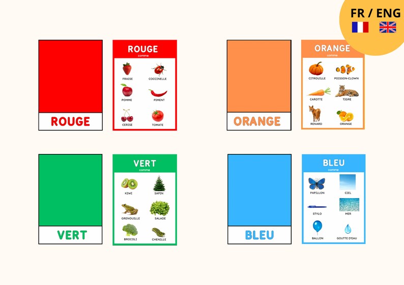 May include: Educational posters displaying color names in French with corresponding images. The colors are red, orange, green, and blue. Each color has a block of color and a list of associated objects.