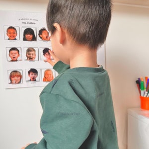 May include: A young child points to a chart with pictures of different facial expressions. The chart is titled "Je memorise et range mes emotions".