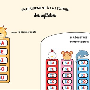 Puede incluir: Un gr&aacute;fico educativo colorido para aprender las s&iacute;labas francesas. El gr&aacute;fico presenta una jirafa, un pollo, un mono, un delf&iacute;n y una oveja. El gr&aacute;fico incluye las s&iacute;labas "GA, GE, GI, GO, GU, CA, CE, CI, CO, CU, SA, SE, SI, SO, SU, DA, DE, DI, DO, DU, MA, ME, MI, MO, MU".