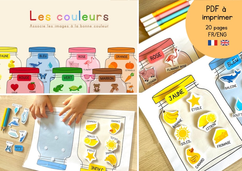 May include: A set of printable educational activity sheets for children to learn colours in French and English. The sheets feature images of various objects and animals, each associated with a specific colour. The title of the activity is "Les couleurs" which means "The colours" in French. The sheets are designed for children to match the images to the correct colour jars.