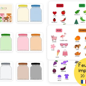 May include: A set of printable worksheets for learning colours in French. The worksheets feature illustrations of various objects in different colours, along with the French word for each colour. The title of the worksheets is "Les couleurs".