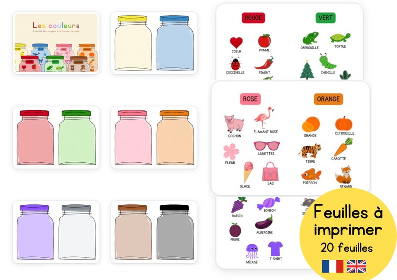 May include: A set of printable worksheets for learning colours in French. The worksheets feature illustrations of various objects in different colours, along with the French word for each colour. The title of the worksheets is "Les couleurs".