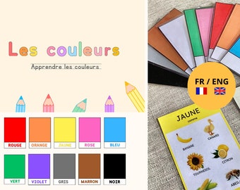 Color cards, learn colors in French and English, English colors for children, English for children, Montessori, Colors flashcards