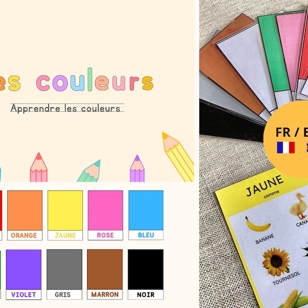 Color cards, learn colors in French and English, English colors for children, English for children, Montessori, Colors flashcards