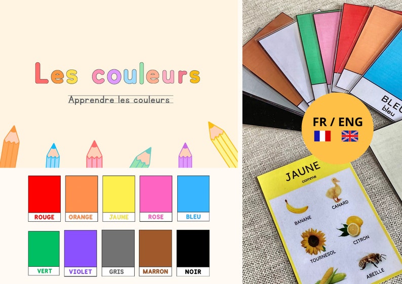 May include: Educational flashcards and a poster teaching colors in French. The poster displays the words "Les couleurs" and "Apprendre les couleurs" with color swatches labeled in French. The flashcards show color names and related images.