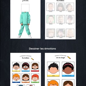 May include: A printable worksheet for kids to learn about emotions. The worksheet has two sections. The first section has a child wearing a turquoise hoodie and pants with a blank space for the child to draw their own face. The second section has a grid of nine faces with different emotions, such as content, sad, tired, nervous, scared, disgusted, guilty, surprised, and excited. The second section of the worksheet has a grid of nine faces with different emotions, such as joy, sadness, anger, fear, shame, surprise, love, and disgust.