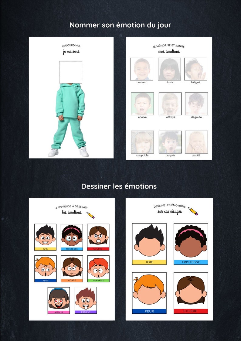 May include: A printable worksheet for kids to learn about emotions. The worksheet has two sections. The first section has a child wearing a turquoise hoodie and pants with a blank space for the child to draw their own face. The second section has a grid of nine faces with different emotions, such as content, sad, tired, nervous, scared, disgusted, guilty, surprised, and excited. The second section of the worksheet has a grid of nine faces with different emotions, such as joy, sadness, anger, fear, shame, surprise, love, and disgust.