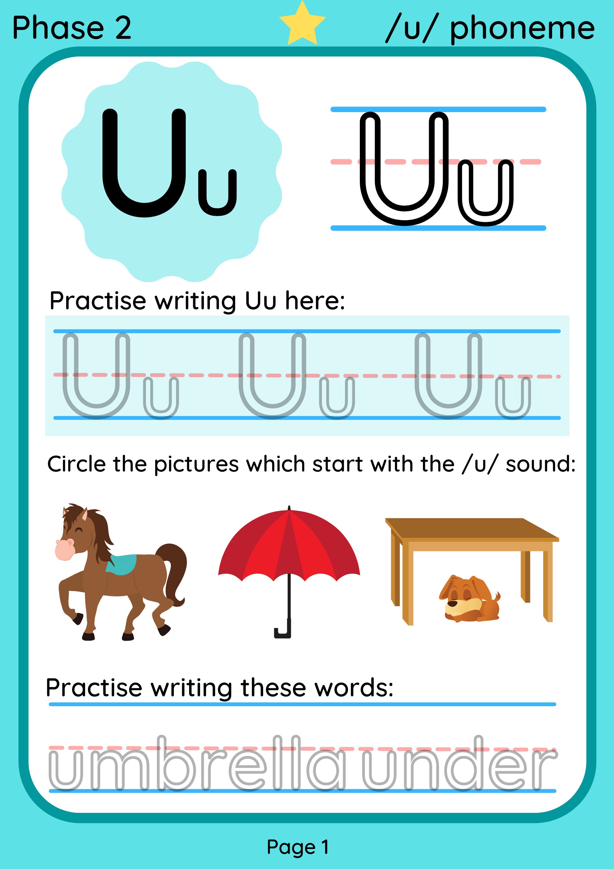 printable digital phonics worksheet letter u u phoneme etsy