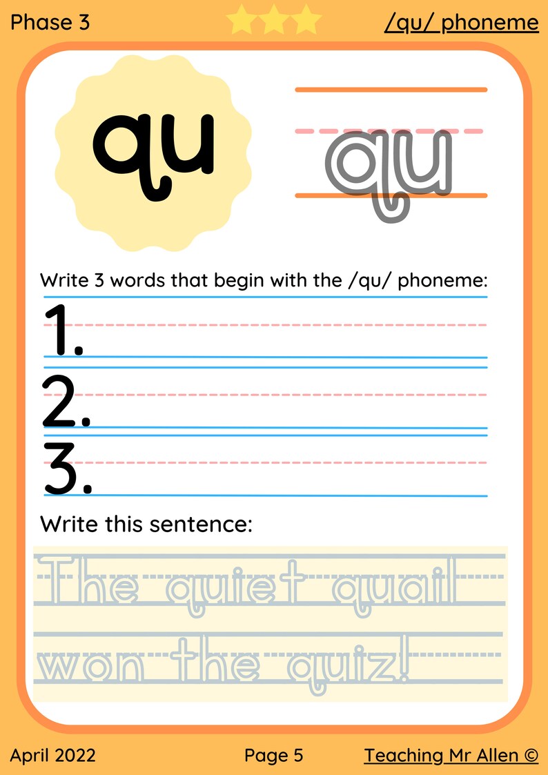 QU Digraph Phonics & Handwriting Workbook Independent Etsy
