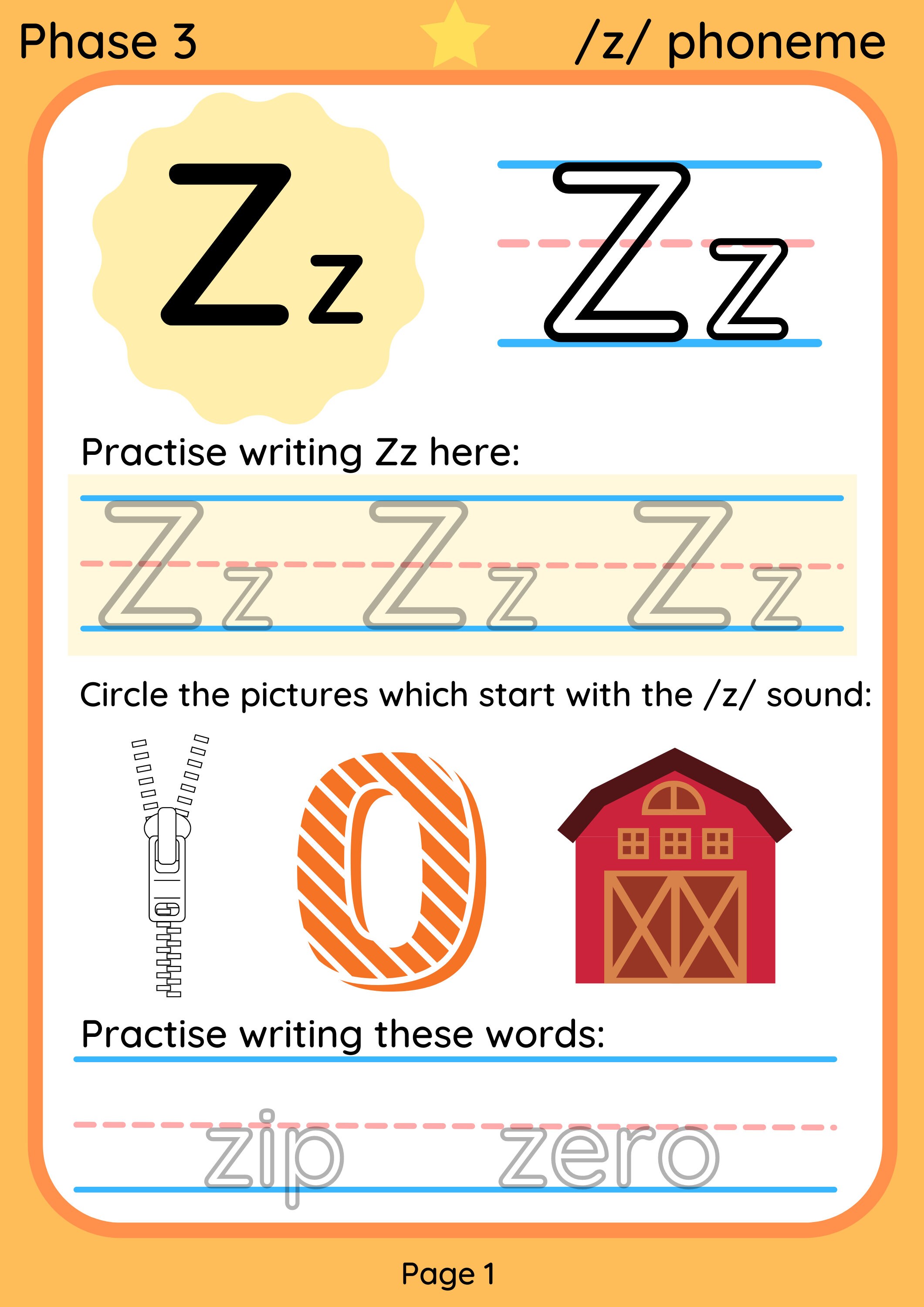 printable digital phonics worksheet letter z z phoneme etsy