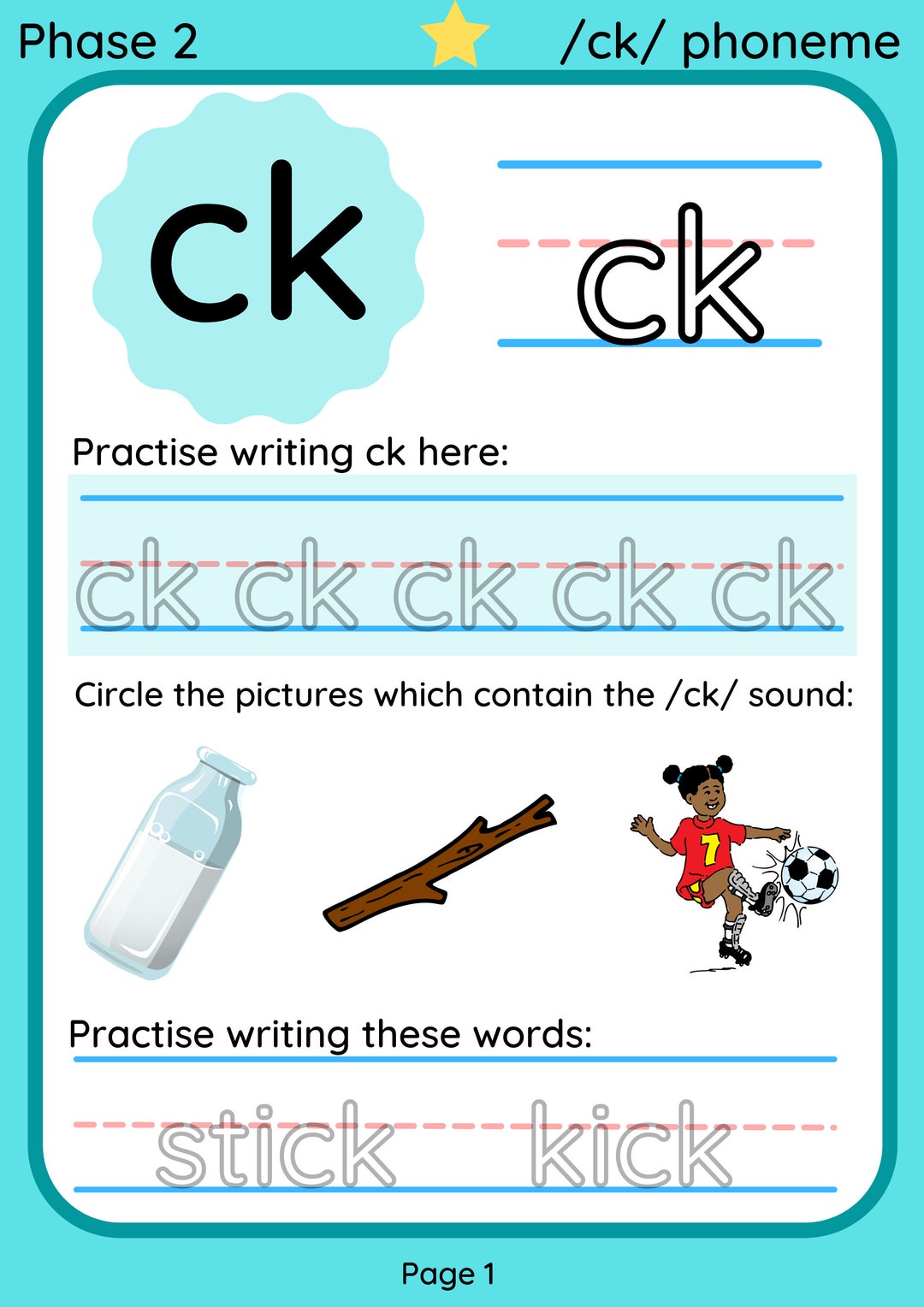 Printable Digital Phonics Worksheet Ck /ck/ Phoneme Etsy