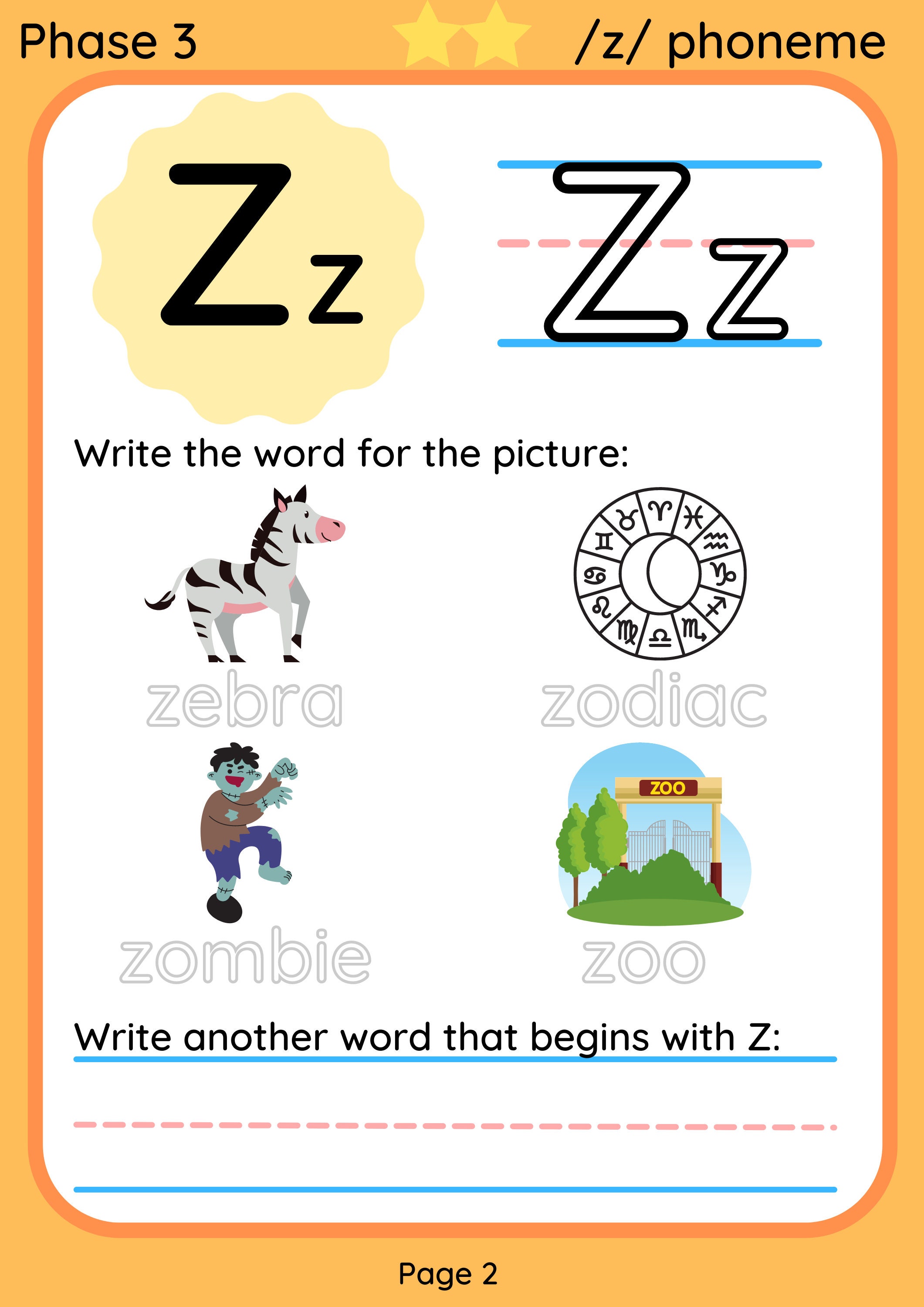 printable digital phonics worksheet letter z z phoneme etsy