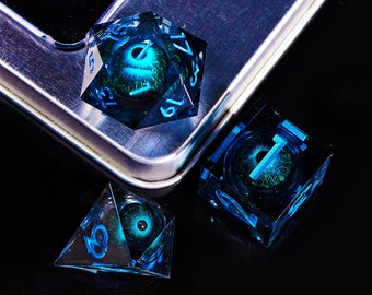 Beholder's Eye dnd dice set liquid core for d&d gifts , Dragon eye liquid core dice , Handmade dnd dice set liquid core , Sharp edge dice