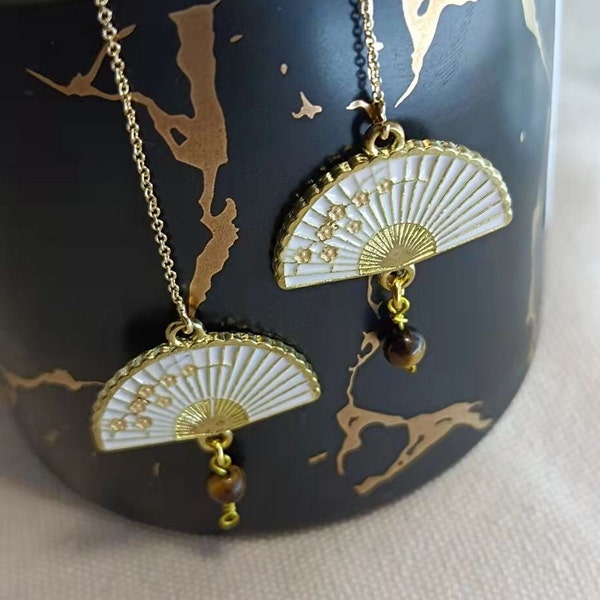 long earrings - hanging ear chains - natural stones - brass - enamel, minimalist and Asian, fan