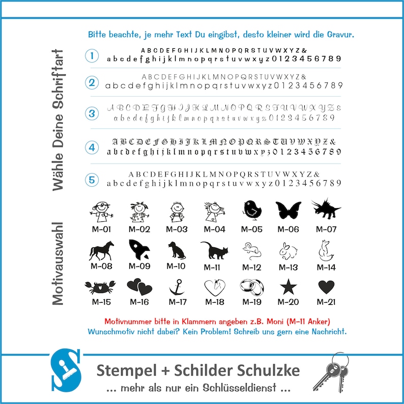 May include: A chart with five different font styles for a personalized stamp or sign. The chart includes uppercase and lowercase letters, numbers, and the ampersand symbol. Below the chart are 21 different graphic options for the stamp or sign. The graphic options include a bird, a butterfly, a dinosaur, a horse, a rocket, a cat, a crab, a heart, an anchor, and a star. The text below the chart reads "Motivnummer bitte in Klammern angeben z.B. Moni (M-11 Anker)" and "Wunschmotiv nicht dabei? Kein Problem! Schreib uns gern eine Nachricht."
