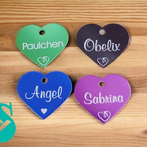 May include: Four heart-shaped acrylic tags with white text and a small horse silhouette. The tags are green, purple, blue, and black. The names on the tags are Paulchen, Obelix, Angel, and Sabrina.