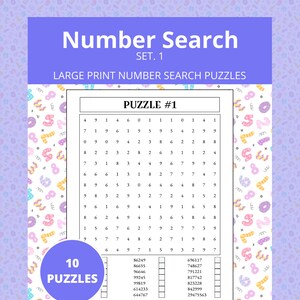 Nummer zoeken: set 1 (10 puzzels) | Grote print | Direct downloaden | Afdrukbaar | Amerikaanse letter (8,5 x 11 inch)