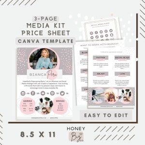 Plantilla de kit de medios de 3 páginas Canva - Hoja de tarifas de blog - Kit de medios de Blogger - Kit de medios de influencers Tiktok - Tarjeta de tarifas de Instagram