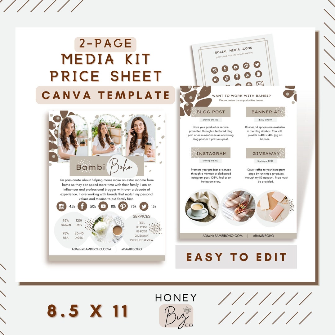 2 Page Media Kit Template Canva - Blog Rate Sheet - Blogger Media Kit ...