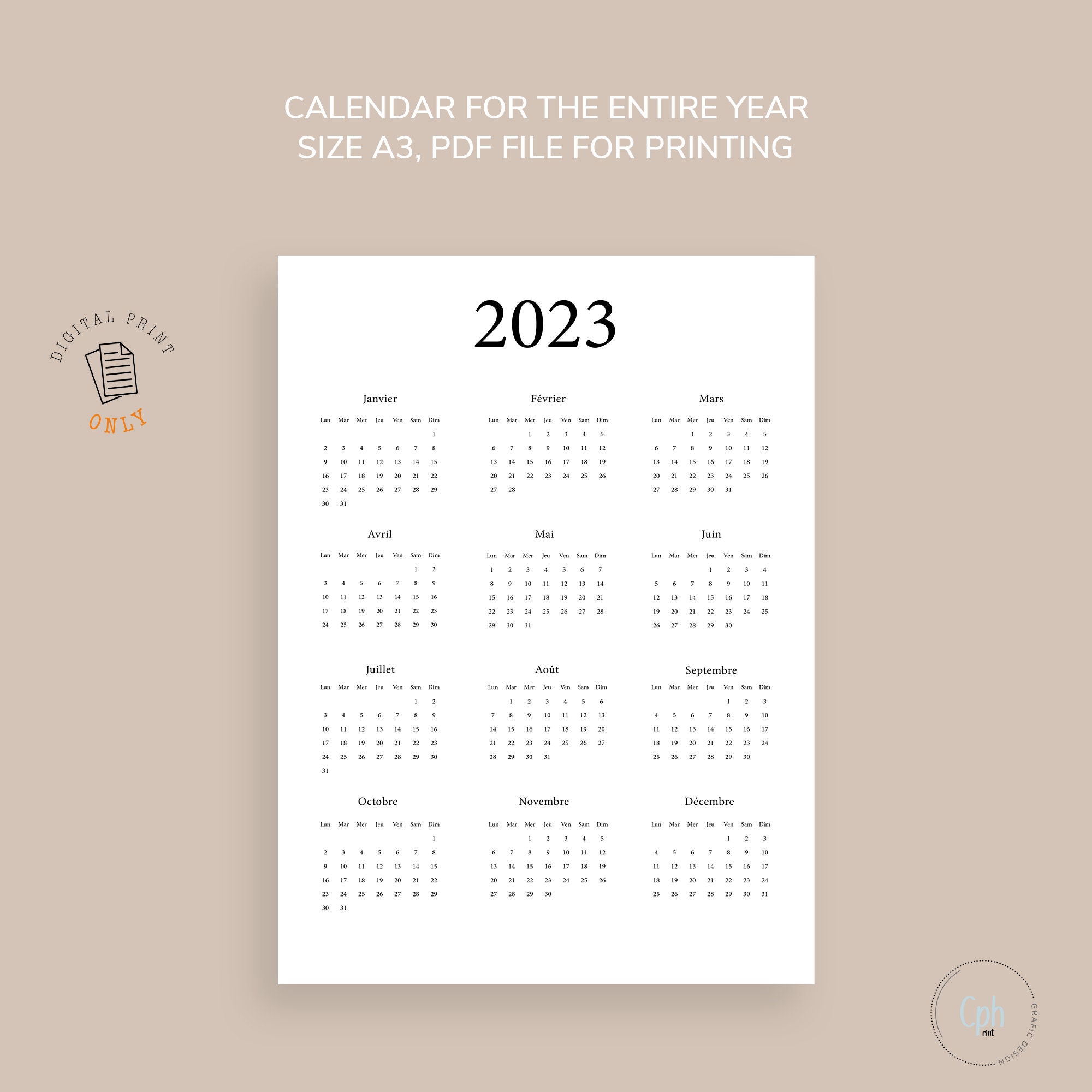 French Printable Calendar 2023 Yearly Planner 2023 A3 Minimalist