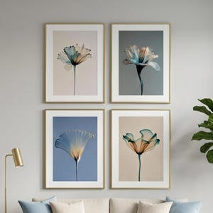 Japandi Floral Set | Ethereal Ink Flower Prints Cream Teal Amber | Wall Art | Instant Download