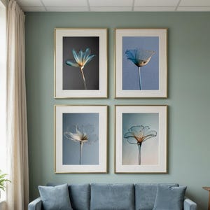 Japandi Floral Set | Glass Ink Flower Prints Teal Amber | Ethereal Wall Art | Instant Download