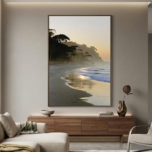 Japandi Coastal Print | Amber Dawn Beach Golden Silhouette | Sunrise Wall Art | Instant Download