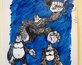 Original gorilla study, comic-style character drawing, unique piece on paper