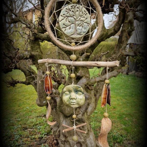 arbre de vie fait à la main capteur de rêves carillon éolien argile perles de bois flotté Yggdrasil naturel païen magick sorcellerie décoration murale mobile boho