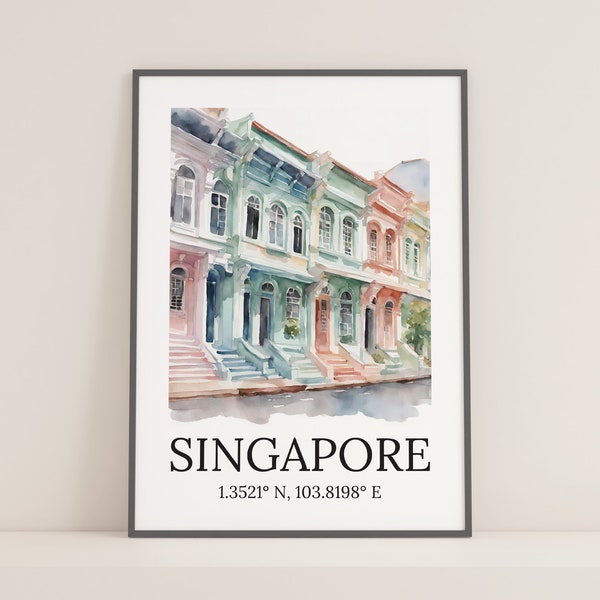 Digital Singapore Wall Art Print, Singapore Print, Singapore Shophouses Watercolour Printable Wall Art