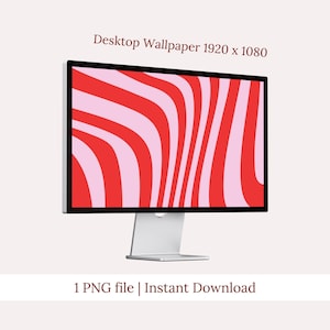 May include: A computer monitor displaying a red and pink wavy pattern. The screen is black-framed and sits on a silver stand. Text at the top reads "Desktop Wallpaper 1920 x 1080". The bottom text says "1 PNG file | Instant Download".
